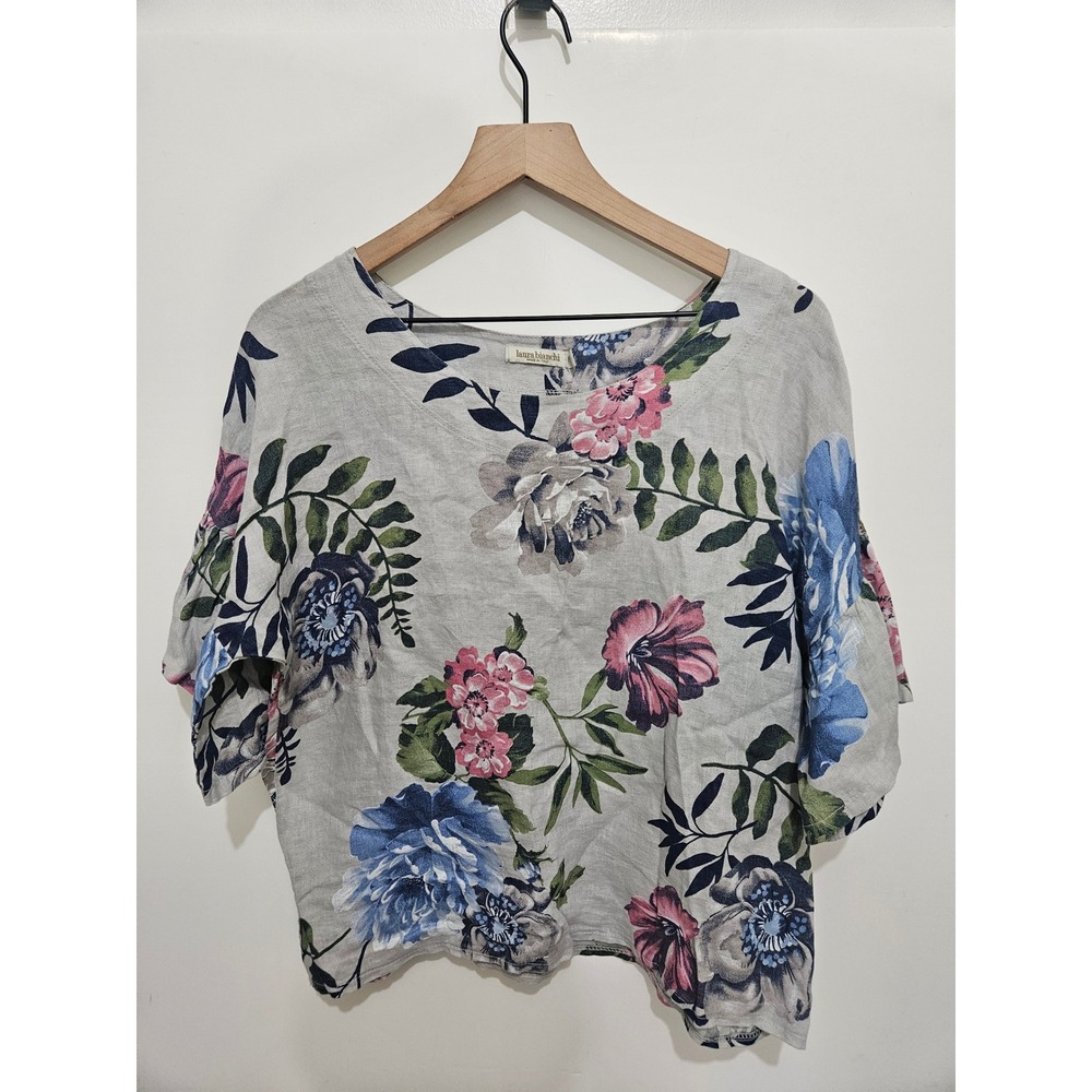Laura Bianchi Italy‎ 100% Linen Floral Ruffle Sleeve Top Grey Blue Pink Small